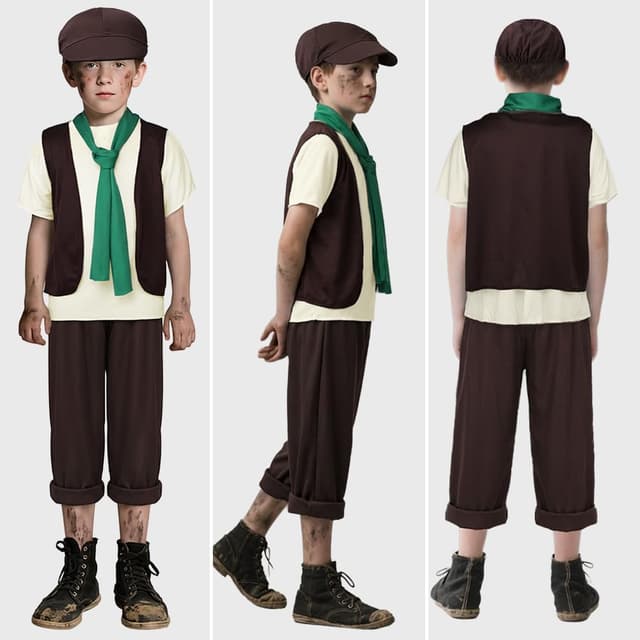 Detalle de DiULi Costume de pauper victorien 5 pièces pour enfants (4 à 12 ans) : gilet, pantalon, bonnet, écharpe et ramoneur