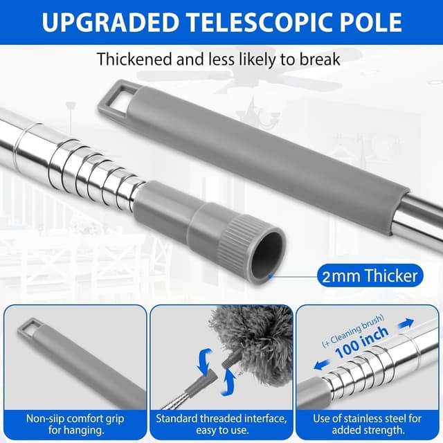 Detalle 2 de Feather Duster 7-piece extendable, bendable, washable cobweb brush kit (up to 100 inches) – Grey