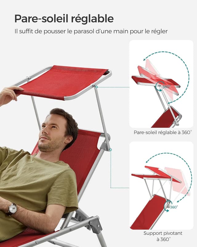 Detalle de SONGMICS Bain de Soleil pliable GCB19RD : transat rouge avec pare-soleil et dossier inclinable