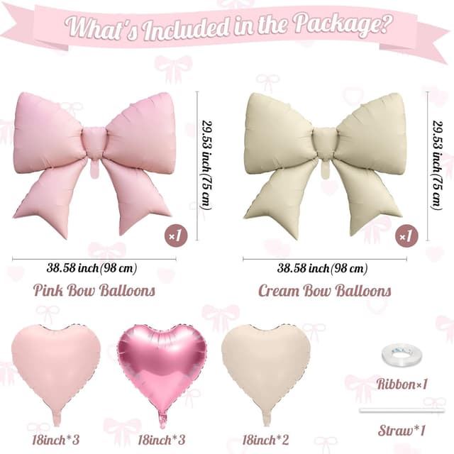 Detalle 2 de FunHot Pink White Heart Balloons & Cream Bow Foil Set (10 Pieces) for Birthdays, Valentine’s, and Weddings