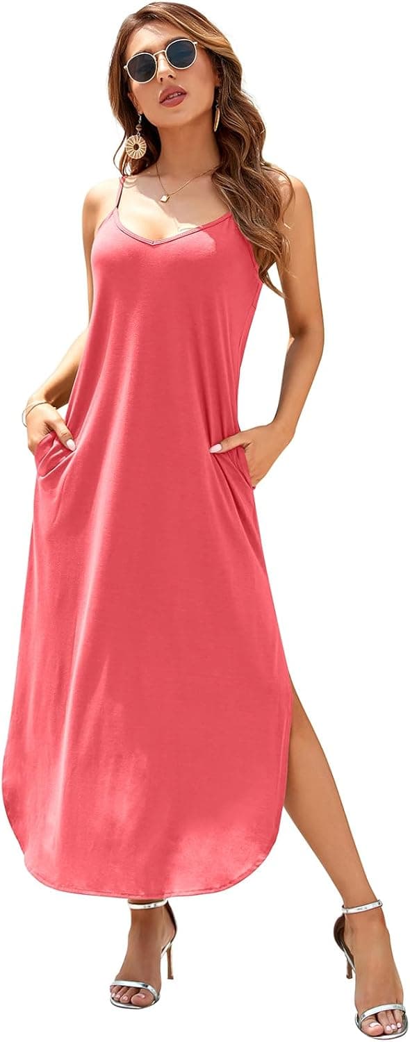 Detalle 2 de HUSKARY Women’s Summer Casual Sleeveless V-Neck Strappy Split Loose Dress (Beach Cover-Up Maxi) with Pocket