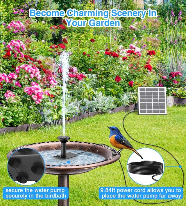 Detalle de SZMP Solar Fountain Pump Kit with Glass Solar Panel, 10 DIY Nozzles & 9.84ft Power Cord