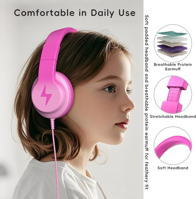 Detalle de Candy Bila Kids Headphones (Wired) with Microphone, Volume Limiter, Over-Ear – Gradient Deep Pink