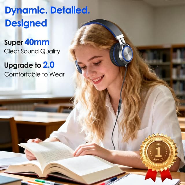 Detalle de INFURTURE USB-C wired headphones with microphone, volume control and foldable design (Blue-Black)