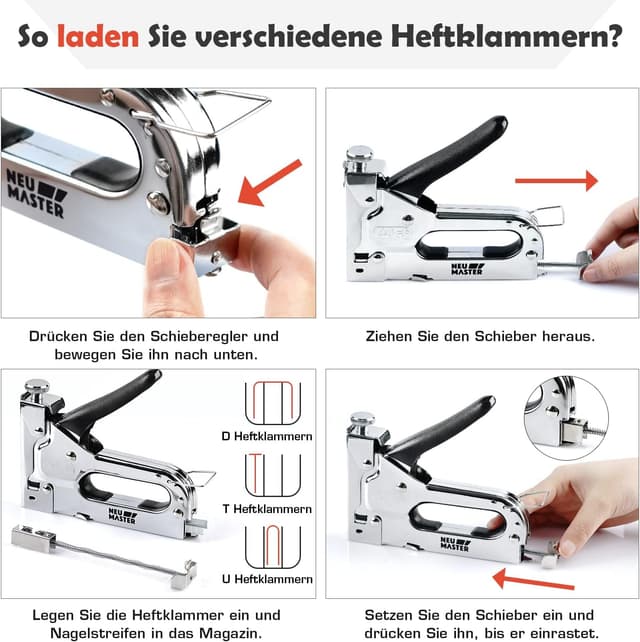 Detalle de NEU MASTER Handtacker Set 3-in-1 für Holz mit 2000 Klammern und Klammerentferner