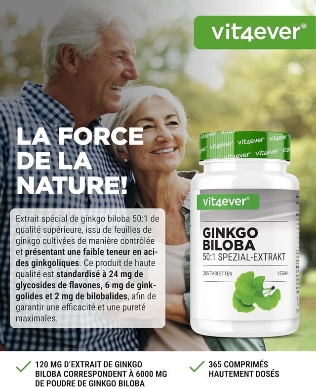Detalle de Vit4ever Ginkgo Biloba 6000 mg – Extrait premium, 365 comprimés (vegan)