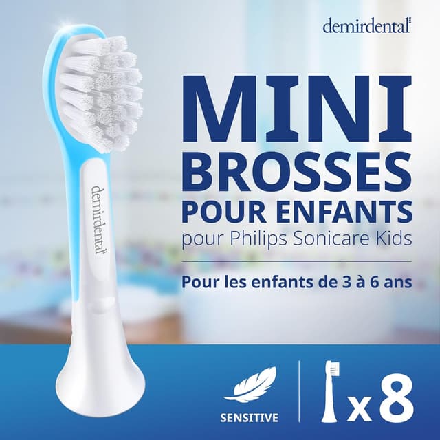 Detalle de Têtes de brosse demirdental pour Philips Sonicare Kids (3 à 6 ans) – Compact Mini, lot de 8, bleu clair