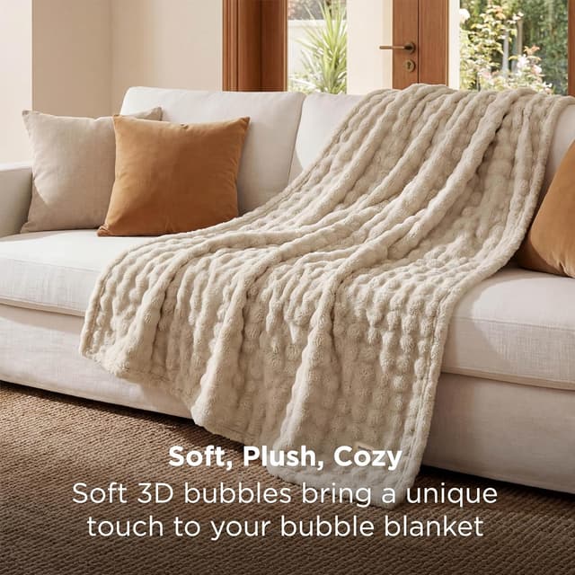 Detalle de Bedsure Cosy Bubble Fleece Blanket (CloudBubble) – Soft plush throw, beige, 150x200 cm
