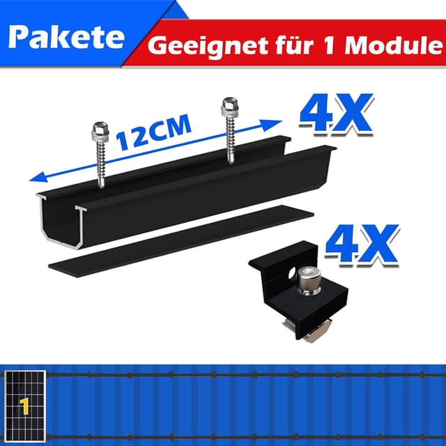 Detalle 2 de Warmfay Solarmodul Halterung Montageset – schwarze 12 cm Aluprofile und verstellbare Klemmen für 1 Modul (30–35 mm) am Flachdach