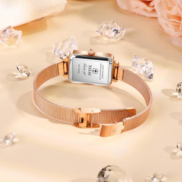Detalle 2 de Taxau Damenuhr eckig mit Edelstahl-Mesh-Armband, rechteckiges Quarz-Uhrwerk (roségold, wasserdicht)
