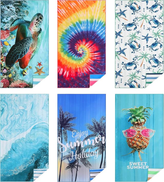 Detalle de Casa Platino 6-Pack Oversized Microfibre Beach Towels (Sand-Free) – 71"x32" – Double-Sided Printed – Maslin