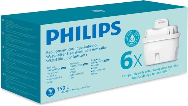 Detalle de Philips Water Antikalk+ Wasserfilter-Kartusche im 6er-Pack (kompatibel mit brita*) – bis zu 50% Wasserhärte-Reduzierung