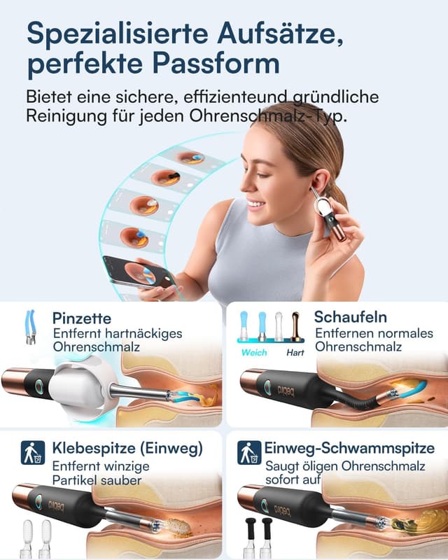 Detalle de BEBIRD EarSight Ultra 5G WiFi Ohrenreiniger & Pflegegerät mit flexibler Otoskop-Kamera (schwarz)
