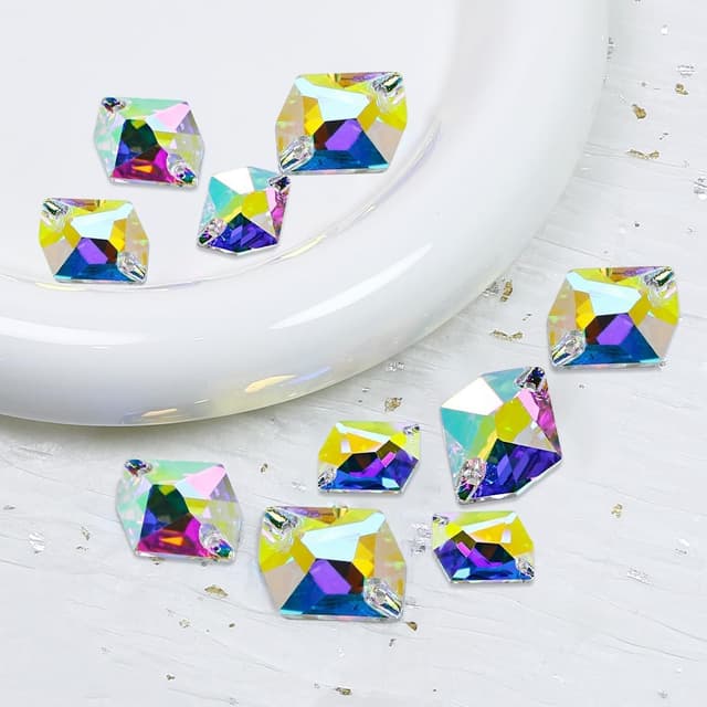 Detalle de DONGZHOU Strasssteine zum Aufnähen (53 Stück) in Kristall-AB, flacher Rücken mit 2 Löchern