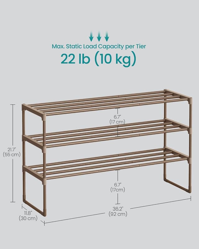 Detalle de SONGMICS 3-Tier Shoe Rack LSA303K01 (walnut brown) – stackable shoe organiser for up to 16–20 pairs