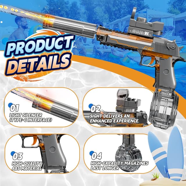 Detalle de UROINT Electric Water Gun for Kids (Desert Eagle Black) – automatic long-range squirt blaster with LED