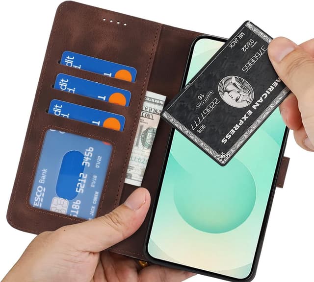 Detalle 2 de Zouzt Hülle für Samsung Galaxy S25 Plus – stoßfeste PU-Leder Flip-Hülle mit Kartenhalter & verstellbarem Stand (Vintage Dunkelbraun)