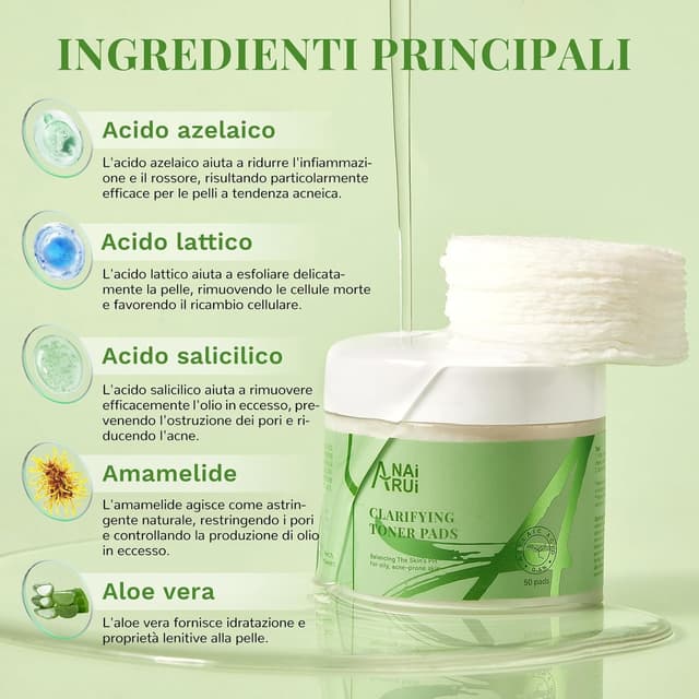 Detalle de ANAiRUi Clarifying Toner Pads con acido azelaico e BHA (acido salicilico), 50 pezzi