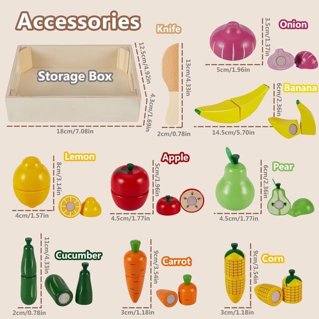 Detalle de HERSITY Holzspielzeug Obst & Gemüse zum Schneiden mit Aufbewahrungskoffer – Lern- und Rollenspielküche für Kinder ab 3