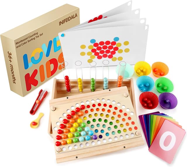 Detalle de INIFEIDALA Montessori Toddler Sorting Toys Set (Rainbow Peg Board, Numbers & Beads) for Ages 3–6