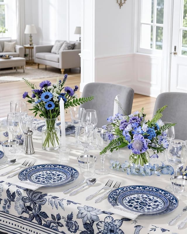 Detalle 2 de Hioasis 60pcs Blue Plastic Plates Set (Blue & White Floral Porcelain Design) - 10.25" Dinner & 7.5" Dessert Plates