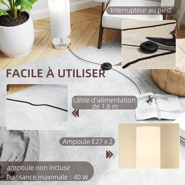 Detalle 1 de HOMCOM lampadaire sur pied de salon moderne avec interrupteur à pied, abat-jour en tissu 120 cm, blanc