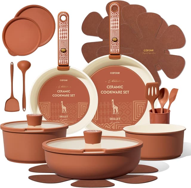 Detalle de CAROTE 21-Piece Ceramic Cookware Set with Detachable Handle (Terracotta)