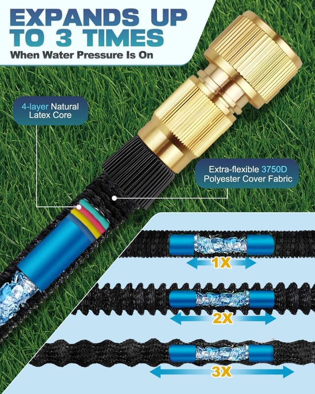 Detalle de Expandable Garden Hose Pipe 150FT/45M with 10-Pattern Spray Nozzle and Brass Connectors (4-Layer Latex Core)