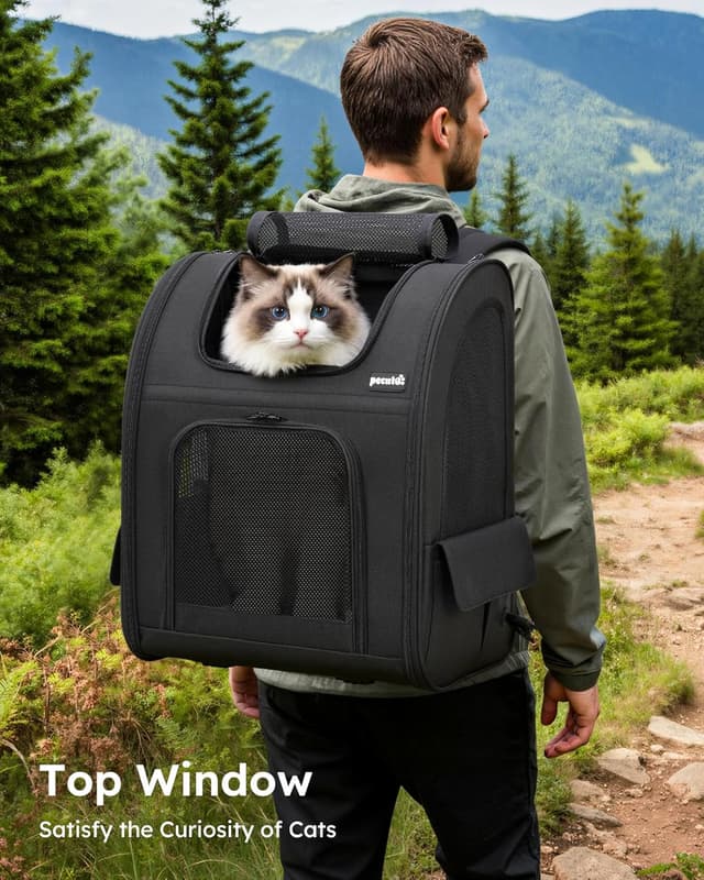 Detalle de Pecute Hunderucksack Erweiterbar XL für 6–10 kg, faltbarer Katzenrucksack mit Anti-offener Reißverschluss und Netzfenster (Grau)