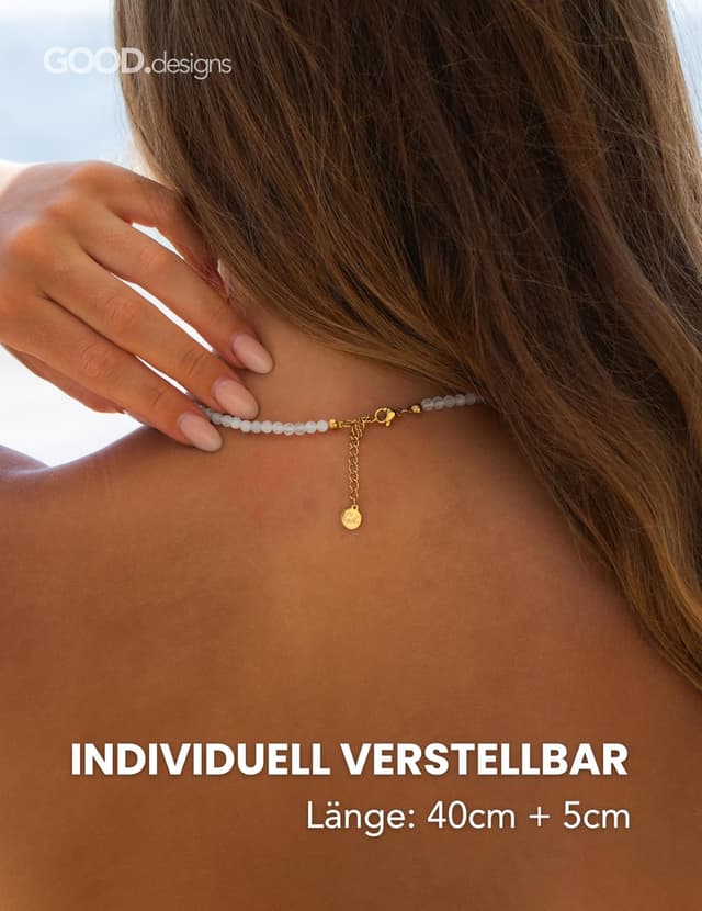 Detalle de GD GOOD.designs Perlenkette für Damen mit echten facettierten Natursteinen (4 mm) und 18K Vergoldung, verstellbar 40–45 cm