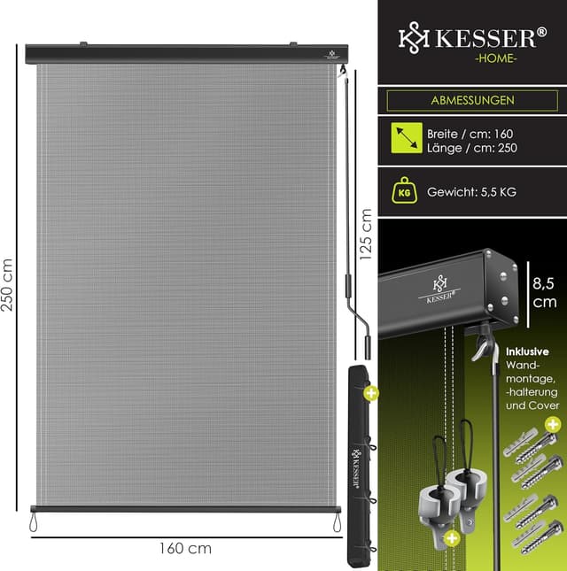 Thumbnail 6 de KESSER® Senkrechtmarkise 160x250 cm mit Handkurbel – Außenrollo für Balkon & Terrasse inkl. Montageset