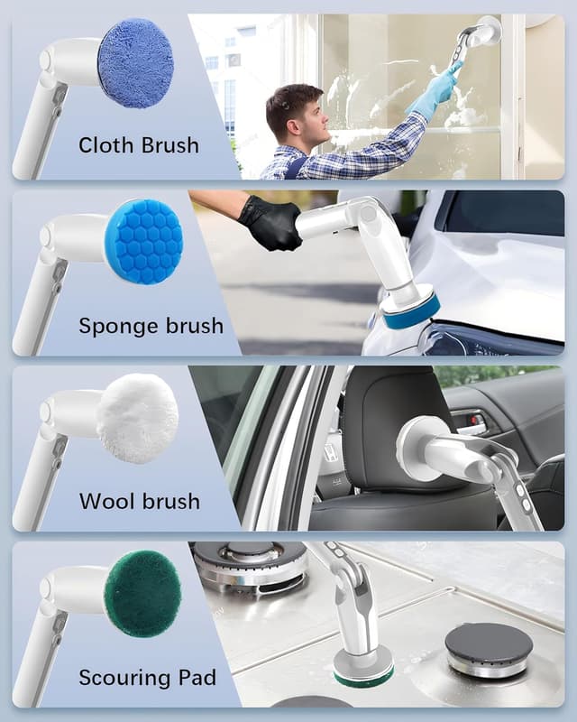 Detalle de Leebein Electric Spin Scrubber (YMG-820) with long handle, remote control and 8 replaceable brush heads