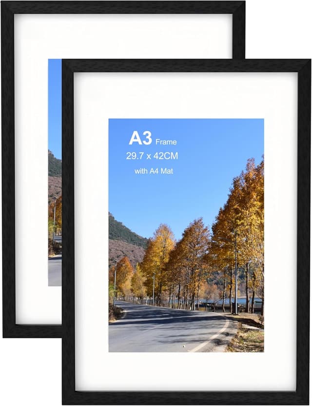 Detalle de Szyeequoo A3 Picture Frame Set with Clear Plexiglass & Matted Insert (A3 Black Frame, 2 Pack)