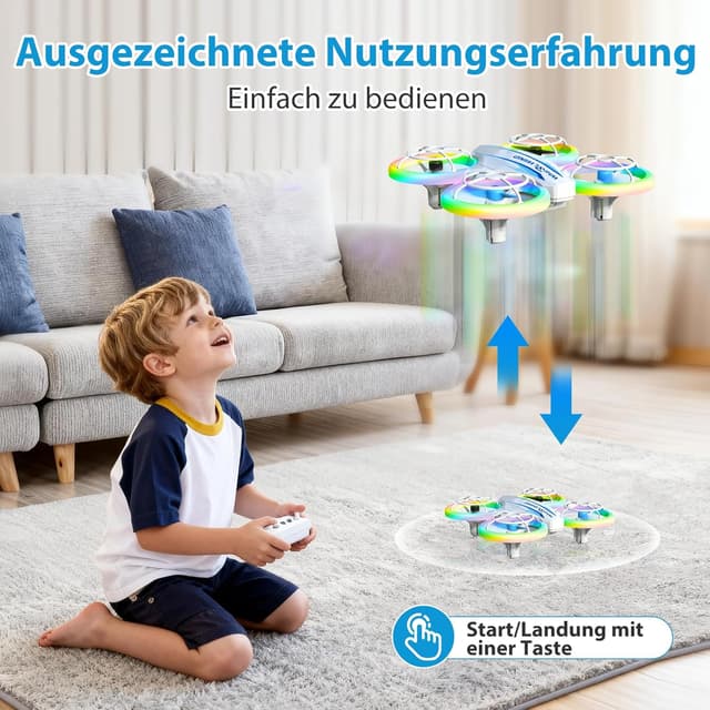 Detalle de Mini-Kinderdrohne (RC Quadrocopter) ab 6 Jahren mit LED, 3 Akkus und Ein-Knopf-Start/Landung