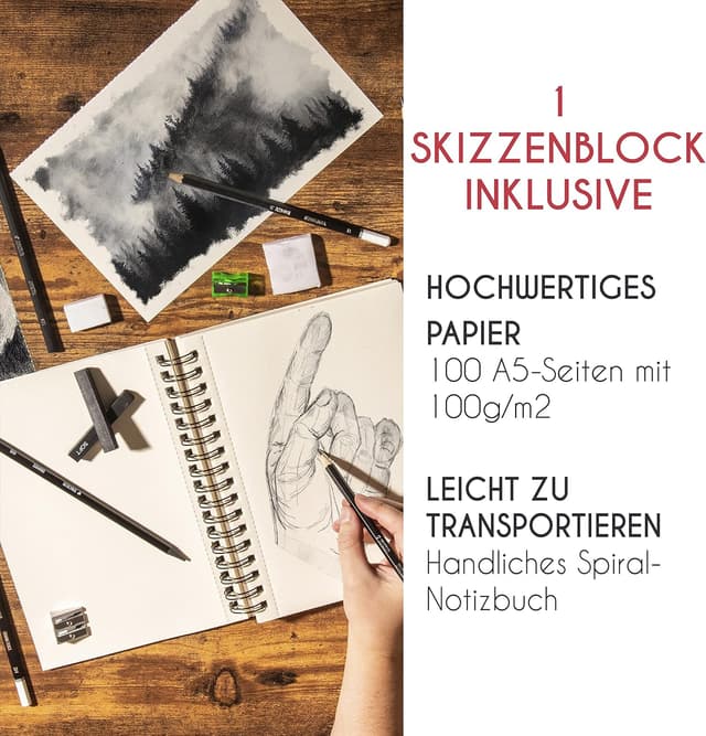 Detalle de Komplettes Zeichnen Set mit Zeichenblock – 19 Zubehörteile (Zenacolor) inkl. 100-Seitigem Skizzenbuch