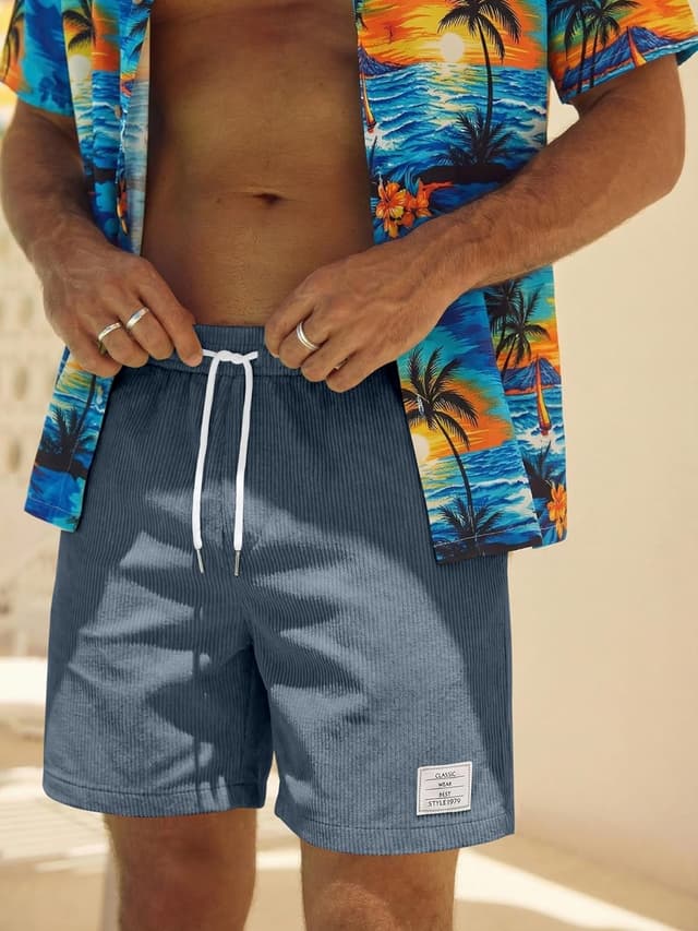 Detalle de JMIERR Corduroy Shorts Herren – Sommer-Freizeit-Shorts mit Leinen-Stretch, elastischem Bund und Taschen