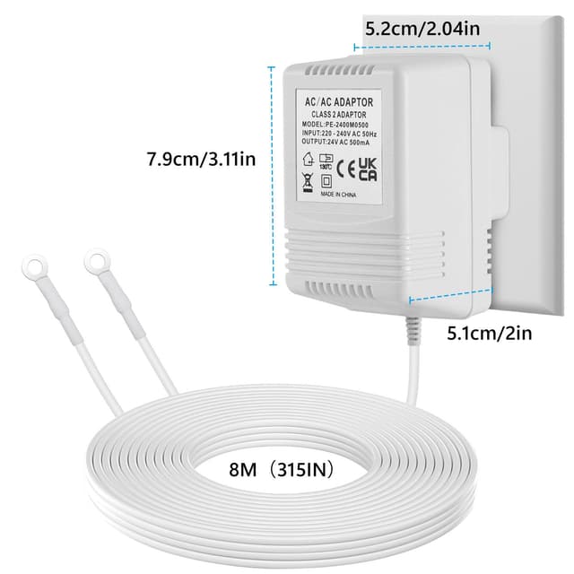 Detalle 2 de AMFUN 24V 500mA Doorbell Transformer (AC power adapter) for Ring doorbells & thermostats, 8m cable