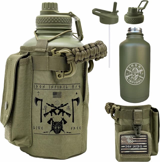 Detalle de Iron Infidel Battle Bottle (Live Free 2 Liter) — Half Gallon Insulated Stainless Water Jug with Removable Sleeve & Paracord Handle