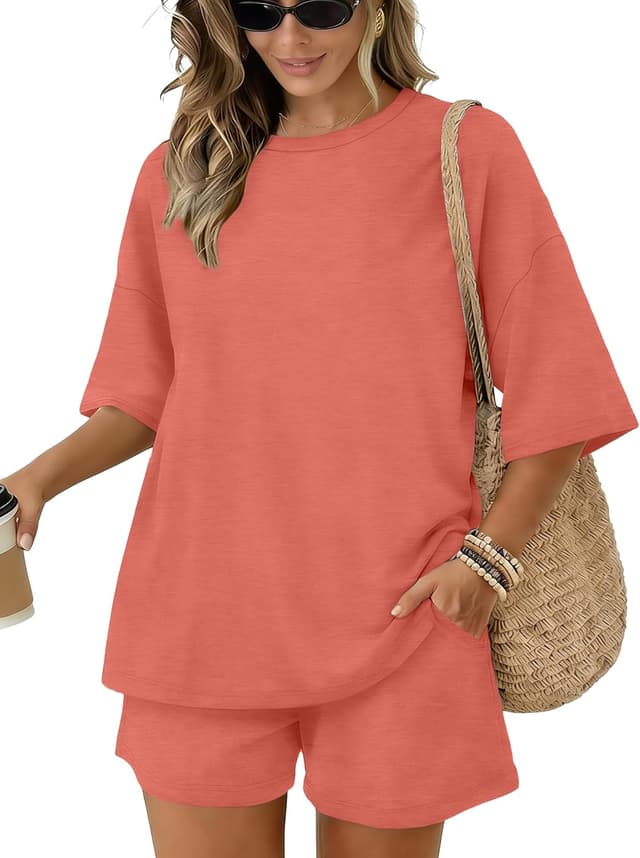 Detalle de Sampeel Women’s 2-Piece Lounge Set with 3/4 Sleeve Oversized Top and Drawstring Shorts