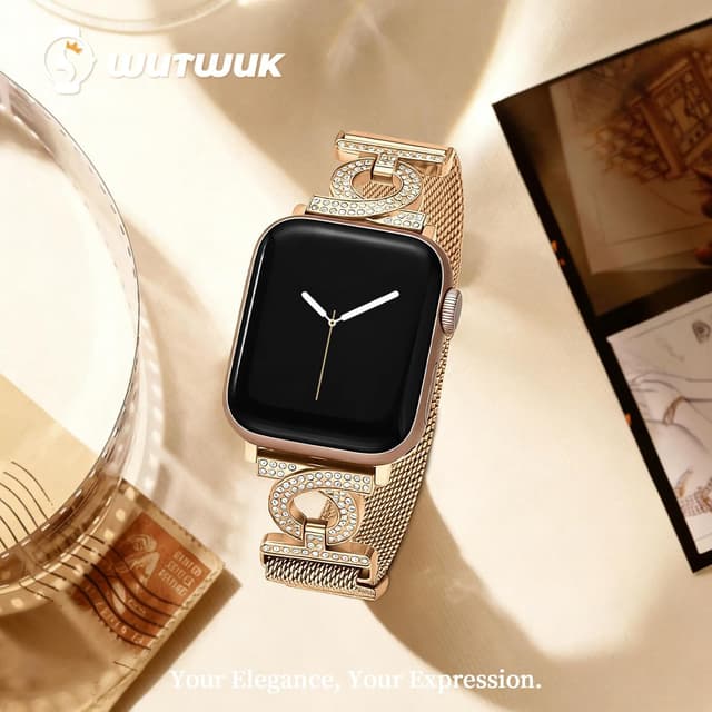 Detalle 2 de wutwuk Magnetic Lock Mesh Stainless Steel Apple Watch Strap with Rhinestones (Rose Gold) for 49/46/45/44/42mm