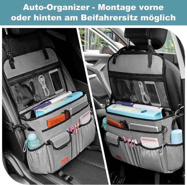 Detalle de Eurhomewit Autositz Organizer Vordersitz 2-in-1 mit Laptopfach (15–17") & Rücksitz-Organizer, Grau