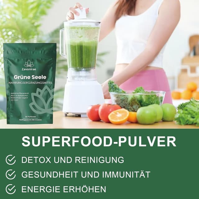 Detalle de Grüne Entgiftungspulver Greens Pulver mit Matcha, Gerstengras & Heidelbeeren (200 g)