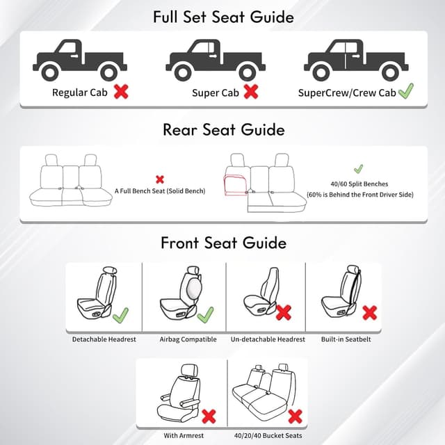 Thumbnail 6 de Huidasource Faux Leather Seat Covers for 2015-2025 Ford F-150 SuperCrew & 2017-2025 F-250/F-350 Crew Cab (Full Set, Black)
