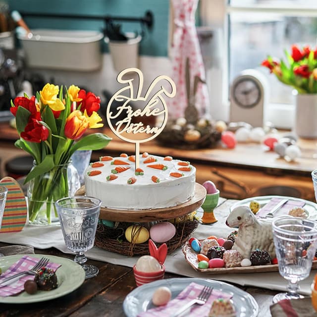 Detalle de Cake Topper Frohe Ostern aus Holz 12×23 cm