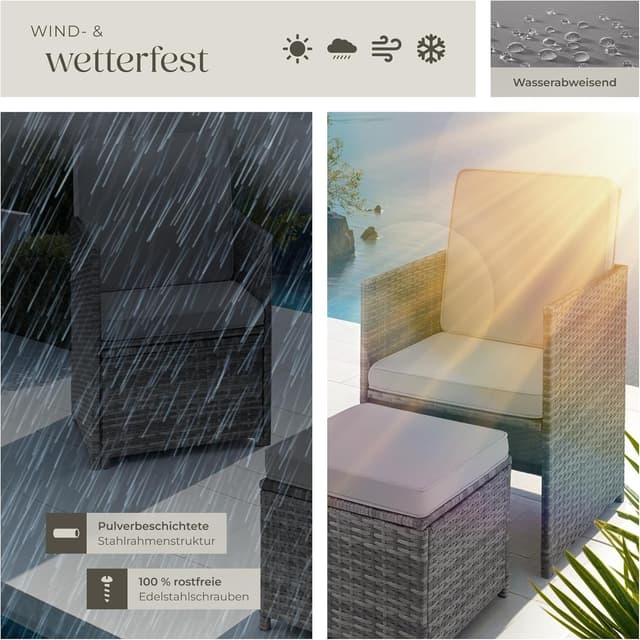 Thumbnail 6 de tectake Poly Rattan Sitzgruppe 5-teilig (bis zu 4 Personen) mit Tisch, 2 Sesseln & Hocker – grau