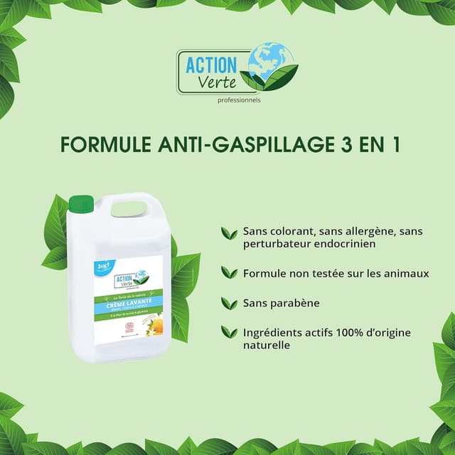 Detalle 2 de ACTION VERTE – Crème lavante 3 en 1 (mains, corps & cheveux) 5L, parfum fleur d’oranger et miel, formule Ecocert