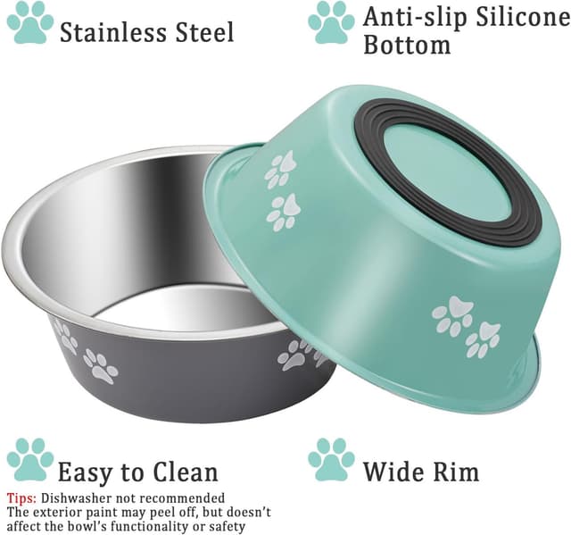 Detalle 1 de 2 Pack Stainless Steel Dog Bowls with Non-Slip Bottom – 8 inch metal bowls for medium to large dogs