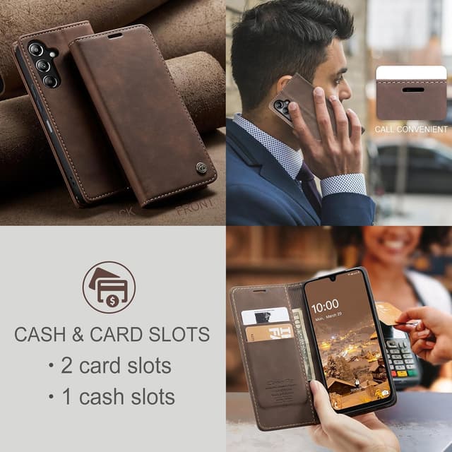 Detalle 2 de Cracedily wallet flip leather case for Samsung Galaxy A16 5G (Coffee) with card slots and magnetic closure