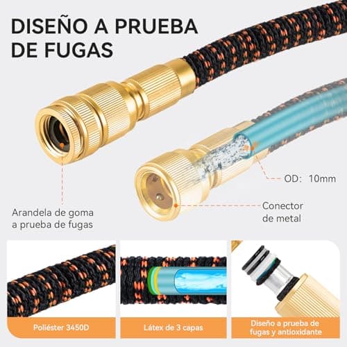 Detalle de Yofidra manguera extensible de jardín 15 m (5 m original) con 10 boquillas y conector de latón