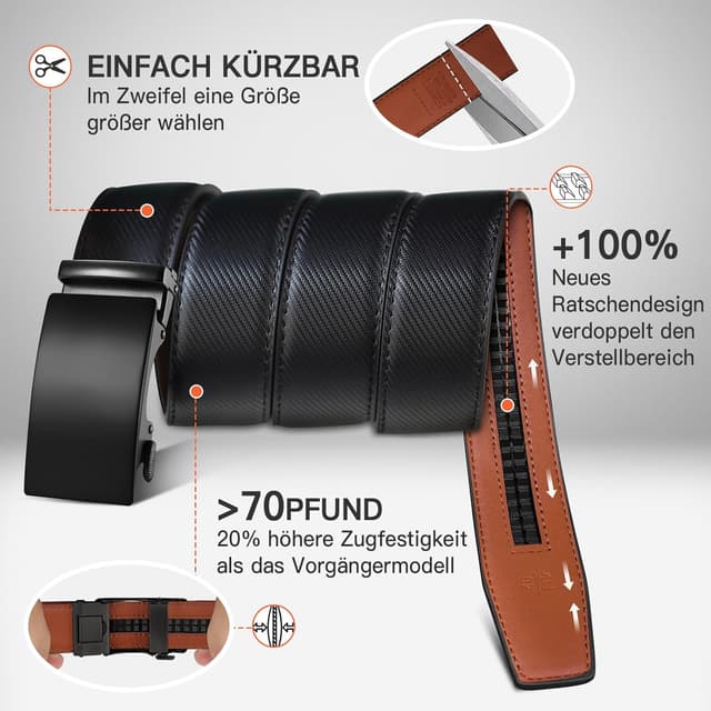 Detalle de TANGCHAO Herren-Gürtel mit Ratsche (Automatikschließe) aus Leder, 35 mm – ohne Löcher, größenverstellbar